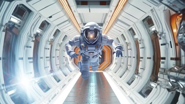 Astronaut has fun and jumps out of the spaceship's airlock. An astronaut jumps out of a spaceship into outer space. The animation is designed for fantastic, futuristic or space travel backgrounds.