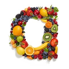 letter, alphabet, fruit, food, apple, orange, fresh, isolated, healthy, grape, banana, fruits, grapes, pineapple, diet, green, kiwi, white, ripe, red, pear, strawberry, generative ai