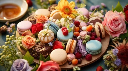 Obraz na płótnie Canvas Illustration of a colorful plate of macaroons and flowers with a cup of tea in the background - Created with generative AI technology