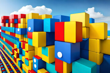 Cubes red blue and yellow, fly in the air, blue background. Child health, prevention, autism