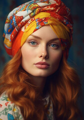 Naklejka premium portrait of a beautiful black woman in a bright headdress, clothes and jewelry, ethnic beauty.one of a set of 50 portraits of representatives of different ethnic groups and countries.Generative AI