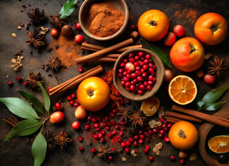 Obraz na płótnie Canvas fruit and spice ingredients of fall and winter