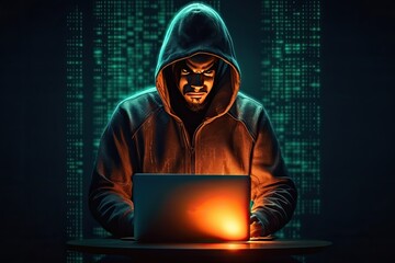 hacker stealing data .  Anonymous cute hacker. Concept of hacking cybersecurity, cybercrime, cyberattack . hacker with laptop computer
