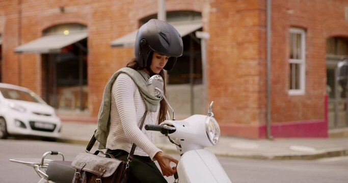 Travel, journey and woman on scooter in city for commute, transportation and driving. Road trip, helmet and safety of female driver, riding on bike or moped in street for urban, traffic and vehicle