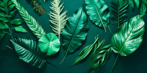 Naklejka na ściany i meble an arrangement of tropical leaves on a green background