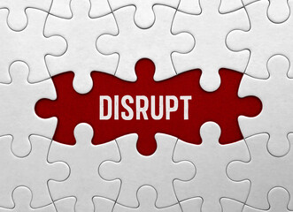 Word disrupt on red puzzle background - obrazy, fototapety, plakaty