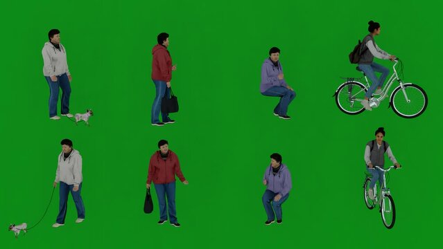 3d of four different housemaids on a green screen background talking and riding a bicycle and going to the street from several different views with 4k quality render animation full hd animated 