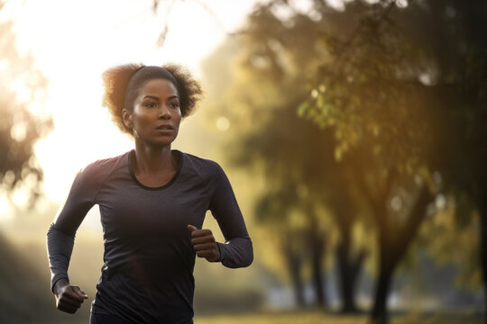 African American woman jogging in the morning in the park. Photorealistic illustration generative AI.