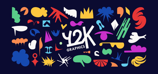 Trendy y2k design elements. Big set of abstract shapes, objects, icons and symbols. Vector template