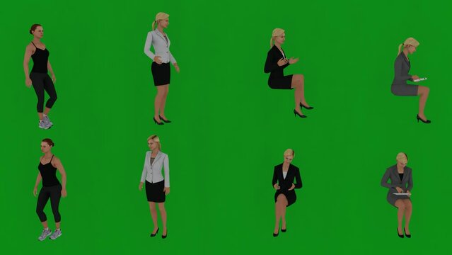 beautiful businessman, different man and woman on green screen , talking and using mobile phone and walking