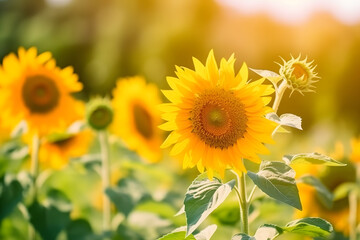 Sunset over sunflower field, Generative AI