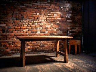 wooden table in front of a brick wall