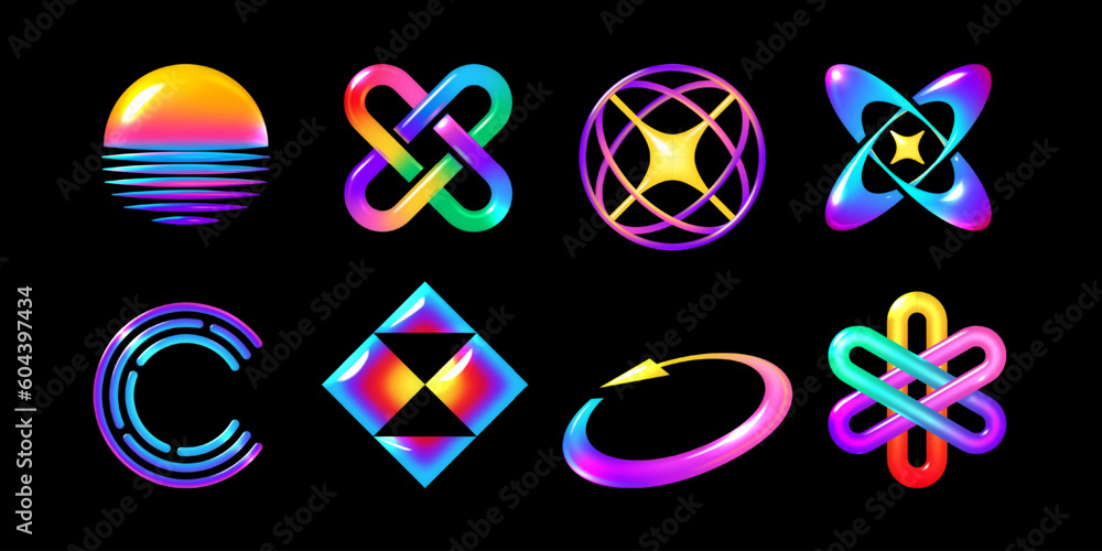 Poster y2k style 3d element set, multicolored abstract shapes with bright neon glow. perfect for futuristic