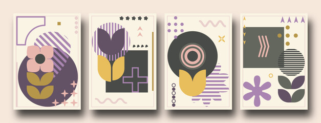 Geometric minimalist Spring / Summer flowers. Modern soft bauhaus inspired shapes, primitive blocks swiss style. Trendy art templates.