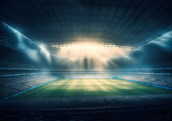 an empty soccer stadium behind light beams