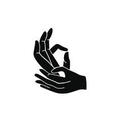 Vector illustration in black and white with hands, Buddhist sign. Silhouette.