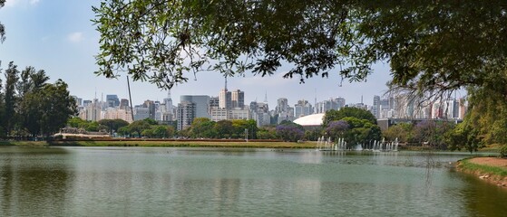 Ibirapuera Park, São Paulo, Brazil. Panoramic view from the lake. In the background, the monument...