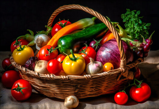 an image of a basket with tomatoes, onions and other vegetables