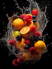 Fototapeta na wymiar different fruits with a splash of water over the black background. High quality photo Generative AI
