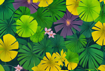 Tropical leaves flowers in vivid colors, large blooms, flat design with Kodachrome color palette - a perfect botanical background. Generative AI Generated