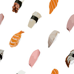 Sushi and rolls seamless pattern. Vector background of sushi, rolls