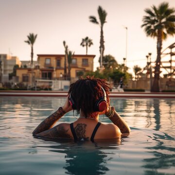 woman African-American with curly hair listening to music in a hotel pool at sunset AI generativa
