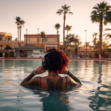 african american woman with curly hair listening to music in a hotel pool AI generativa