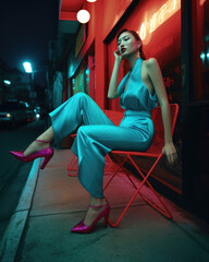 Fashion woman sitting on chair in the street, ai generated artwork