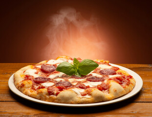 pizza with salami and tomatoes and mozzarella on the wooden table - 604399482