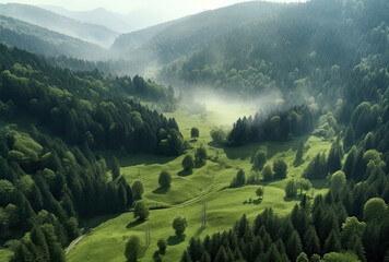 Obraz premium Green mountain valley with trees, ai generated artwork