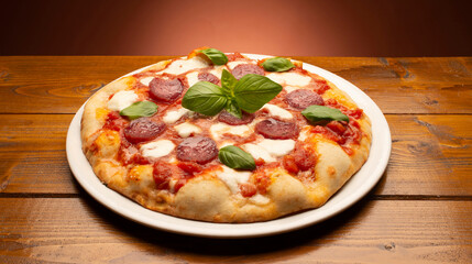 pizza with salami and tomatoes and mozzarella on the wooden table - 604399493
