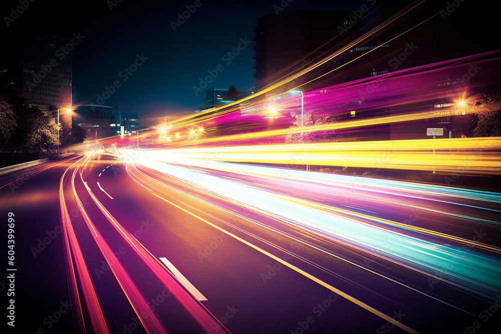 Poster capturing the urban energy: mesmerizing long exposure dynamic speed light trails in the cityscape, g