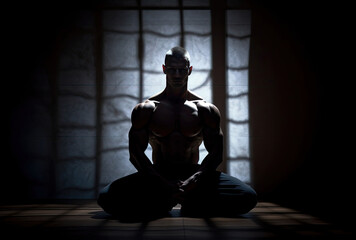 Muscular man posing in shadows, ai generated artwork
