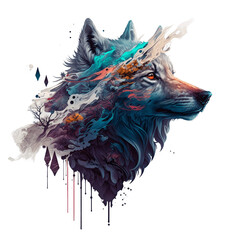 Gray Wolf head isolated on transparent background with color ink splash effect