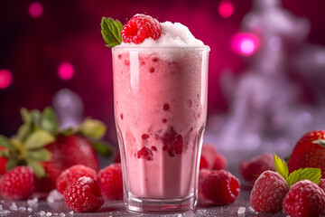 Raspberry smoothie or milkshake with berries and oatmeal in glass jar on gray or white concrete background. Vegetarian healthy drink. Close up. Selective focus. High quality photo Generative AI
