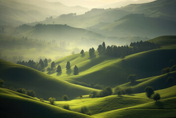 Scenic mountain landscape with lush green hills and trees, ai generated artwork