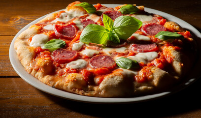 pizza with salami and tomatoes and mozzarella on the wooden table - 604399631
