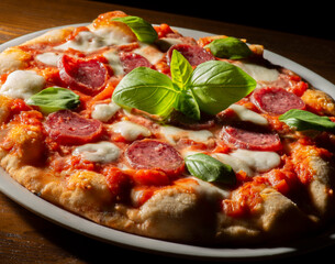 pizza with salami and tomatoes and mozzarella on the wooden table - 604399663