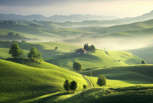 Scenic mountain landscape with lush green hills and trees, ai generated artwork © Stefan