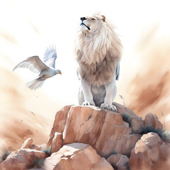 Lion Standing on a Rock a dove flying next - Christian Parable of the Lion of Judah - obrazy, fototapety, plakaty