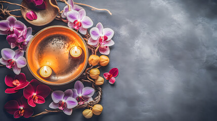 wellness design with orchids and swimming candels burning in a bowl on a wooden table in top view and copyspace at the right