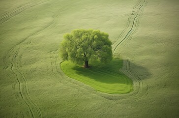 Single plum tree in the middle of a grassy field. alone tree in the middle of a green field. Generative Ai.