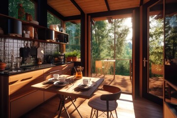 Obraz premium extreme close small kitchen with dining room in the resort