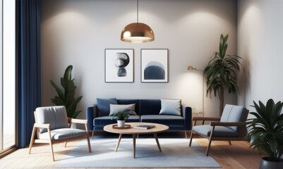 Transform Your Home Decor with Modern Interior Featuring Blue Sofa, Curtains, Armchair, Table, Posters, and Wooden Accessories, Generative AI.