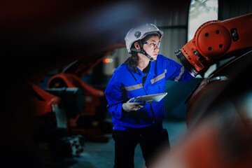 Obraz na płótnie Canvas Factory engineer woman inspecting on machine with smart tablet. Worker works at machine robot arm. The welding machine with a remote system in an industrial factory. Artificial intelligence concept.