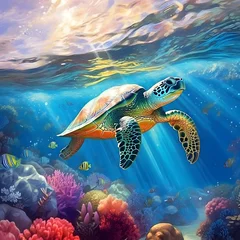 Fotobehang Sea turtle or marine turtle swimming in ocean. AI generated © May Thawtar