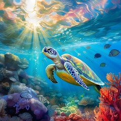 Fototapeta na wymiar Sea turtle or marine turtle swimming in ocean. AI generated