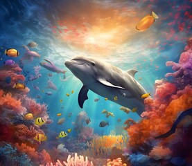 Dolphin swimming in ocean over sunshine. AI generated