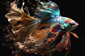 Image of colorful betta fish with long beautiful tails on a black background. Pet. illustration. Generative AI.