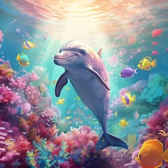 Poster Dolphin swimming in ocean over sunshine. AI generated © May Thawtar